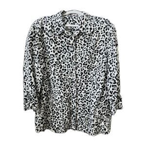 Jones New York Women's Large Leopard Print Blouse 100% Linen Button Down 3qtr Sl